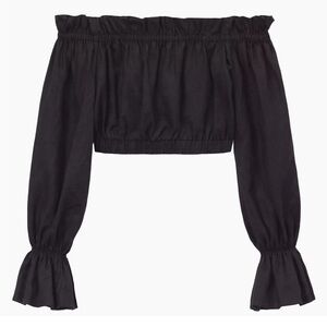 STAUD Tristan Black Linen Off The Shoulder Crop Top Sz M